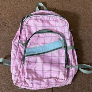 LL Bean Backpack Pink Plaid School Travel Bag Reflective Strip Organizer Pocket